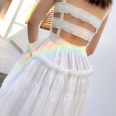 French retro white camisole backless pleated skirt with cinched waist and long style slimming dress