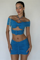 Halter Off Braided Shoulder Ruched Crop Top Mini Skirt 2pcs Set - Blue