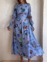 Spring Women Hollow Out Party Dress Printing Loungewear O-Neck Long Lantern Sleeve Loose Ladies Maxi Dress Streetwear