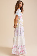 Ditsy Floral Print Puff Sleeve Lace Patchwork Maxi Dresses - White
