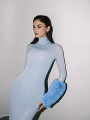 Blue high neck see through slim fit feather long sleeved dress, elegant and sexy party dress