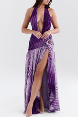 Deep V Neck Striped Print High Slit Halter Maxi Dresses - Purple