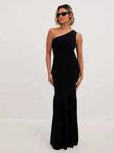 One Shoulder Knitted Patchwork Maxi Dress Women Diagonal Collar Sleeveless Bodycon Dresses Beach Vacation Robe