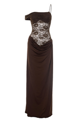 Lace Patchwork One Shoulder Slim Fit Ruched Maxi Dresses - Brown