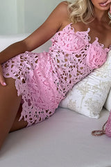 Hollow Out Jacquard Pattern Strapless See Through Mini Dresses - Pink Pre Order