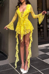 Jacquard Lace Flare Sleeve Ruffled Streamer A - Line Mini Dresses - Yellow