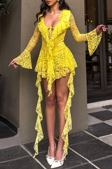 Jacquard Lace Flare Sleeve Ruffled Streamer A - Line Mini Dresses - Yellow