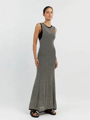 Women Striped Hollow Out Knitted Dress Elegant O Neck Sleeveless Vestidos Female Beach Vacation Robes