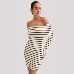 Beach vacation off shoulder striped long sleeved skirt with a single neckline knitted casual short dress