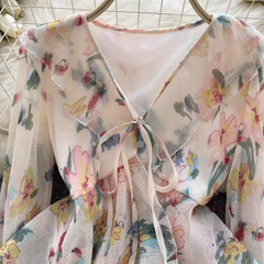 Women's trumpet long sleeve ruffled printed chiffon blouse