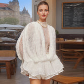 French lady style long sleeve short dress transparent mesh sexy ruffle short skirt