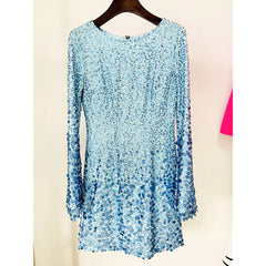 Neck Elegant Flare Sleeve Blue Sequins Party High Street Mini Straight Women Glitter Dress