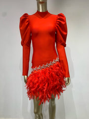 Women Celebrity Sexy Long Sleeve Feather Diamonds Black Red Mini Bodycon Bandage Dress Elegant Evening Club Party Dress