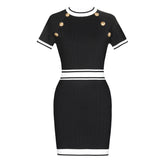 style round neck cinched waist slimming short sleeved hip hugging woolen knitted dress