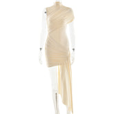 European and American slim fit ribbon dress with round neck pleats irregular hips sleeveless dress