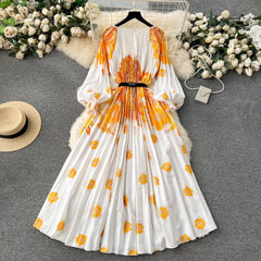 New Women's dress printed pleated holiday long dress