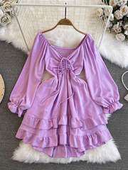 Laternen-Langarm-A-Linien-Kleid mit V-Ausschnitt und mittlerer Länge