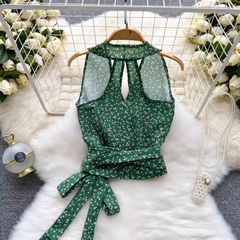 Lace-up slim cropped floral top