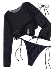 Traje de baño de malla de tres piezas de manga larga tipo bikini