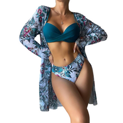 Three Pieces Printed Cover Up Bikini Set For Women