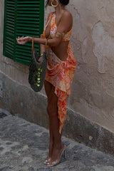 Pattern Print Cutout Ruffled Irregular Mini Dresses - Orange