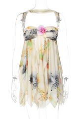 Halter Neck 3D Flower Ruffled Solid Color Mini Dresses - Pink