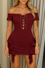 Off Shoulder Draped Sleeve Lace Up Ruffled Mini Dresses - Burgundy Pre Order