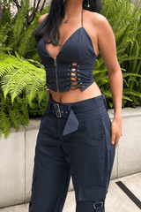 Lace Up Zip Halter Backless Crop Top Pocket Straight Leg Pants 2 Pcs Matching Set - Grey