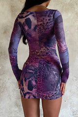 Irregular Neck Long Sleeve Mixed Print Layered Ruffled Mini Dresses - Purple