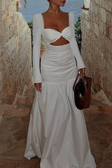 Irregular Neckline Long Sleeve Cutout Semi - Fitted Plain Maxi Dresses - White