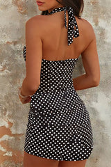 Polka Dot Print Plunge Neck Bodycon Halter Mini Dresses - Black