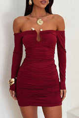 Off Shoulder Long Sleeve Ruched Solid Color Bodycon Mini Dresses - Blue
