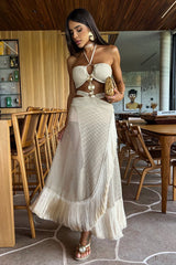 Halter Cutout Crochet Fringed Trim Backless Maxi Dresses - Beige