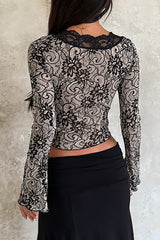 Jacquard Lace Deep V Neck Long Sleeve Slim Fit Crop Top - Black