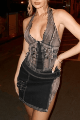 Denim Halter V Neck Backless Top Slit Mini Skirt Two Piece Set