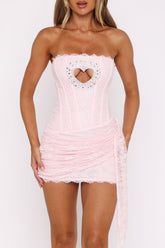 Rhinestone Heart Cutout Lace Strapless Sash Party Mini Dresses - Pink