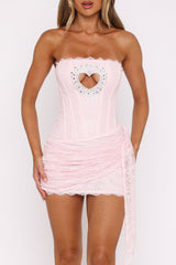 Rhinestone Heart Cutout Lace Strapless Sash Party Mini Dresses - Pink