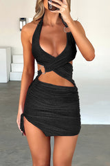 Deep V Neck Halter Cutout Ruched Bodycon Bronzing Mini Dresses - Red