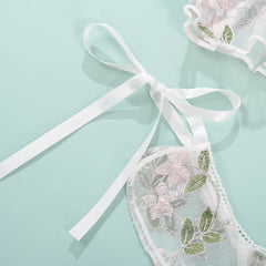 Dainty White Embroidered Flowers Two-Piece Underwear