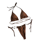 Einfarbiges, ausgehöhltes Bikini-Badeanzug-Set mit überkreuzten Schnüren