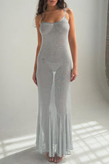 Shimmering Slim Fit Semi Sheer Slip Maxi Dresses - Gold