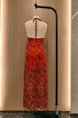 V Neck Floral Print High Slit Vacation Cami Maxi Dresses - Orange