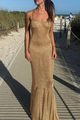 Shimmering Slim Fit Semi Sheer Slip Maxi Dresses - Gold