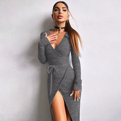 Long Sleeve Dress Sexy Bag Hip Tie Rope Waist Split Long Dress