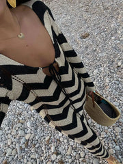 GACVGA Knitted Stripe Full Sleeve Maxi Dress Hollow Out Beach Elegant Slim Party Club Long Dress