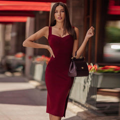 Sexy Vest Long Skirt Net Red Square Neck Sleeveless Dress Bandage Slit Dress Bandage Dress