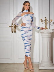 Open back hanging neck sexy long sleeved printed pleated long buttocks wrapped party evening dress