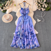 Vestido de vacaciones con estampado de pintura al óleo, abertura y patchwork con volantes