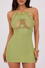 Knit Hollow Out Bodycon Backless Halter Mini Dresses - Green