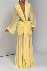 Deep V Neck Lantern Sleeve Cutout Ruched See Through Maxi Dresses - Yellow
